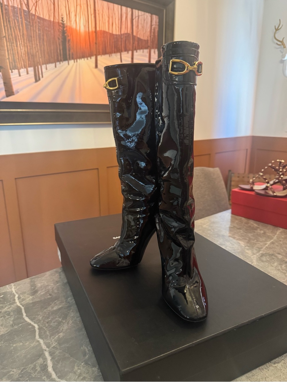 Saint Laurent Black Patent Knee-High Boots with Gold Buckle